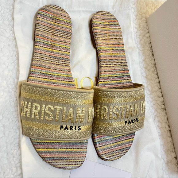 Gold Dior DWay Slides Size 7.5 (7) - Picture 1 of 5